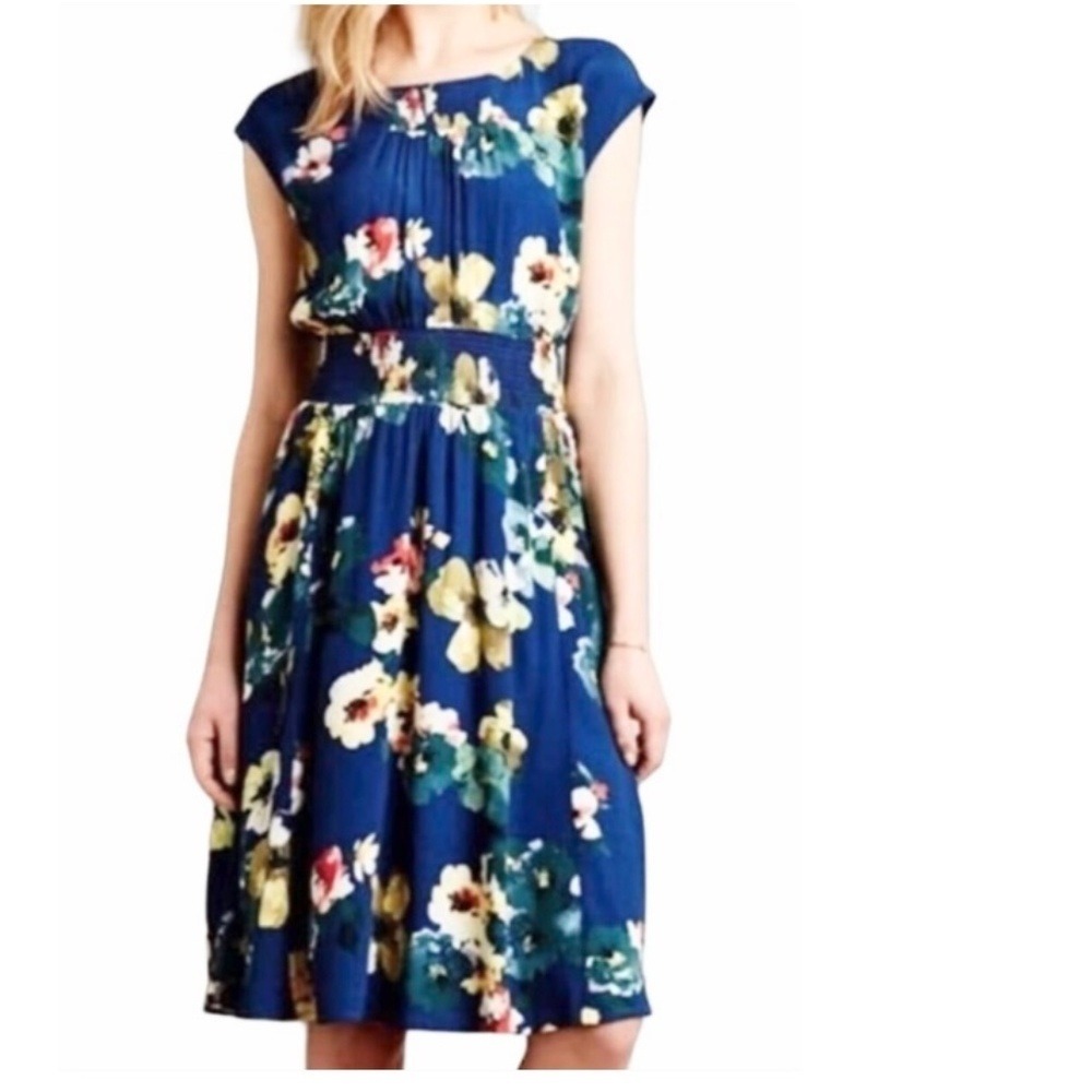 Maeve Floral‎ Midi Dress Smocked Waist, Women Small Blue